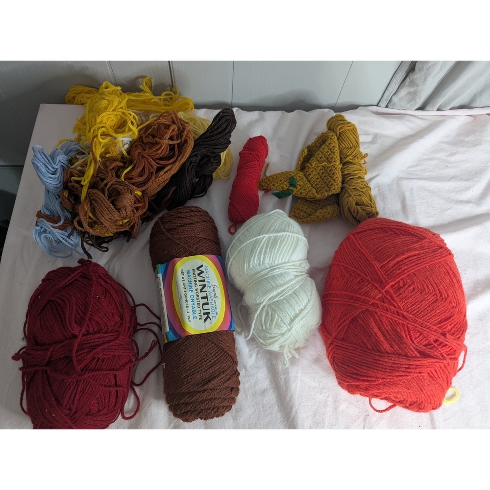 Vintage Yarn lot knitting crochet red white brown burgundy mustard wintukβ